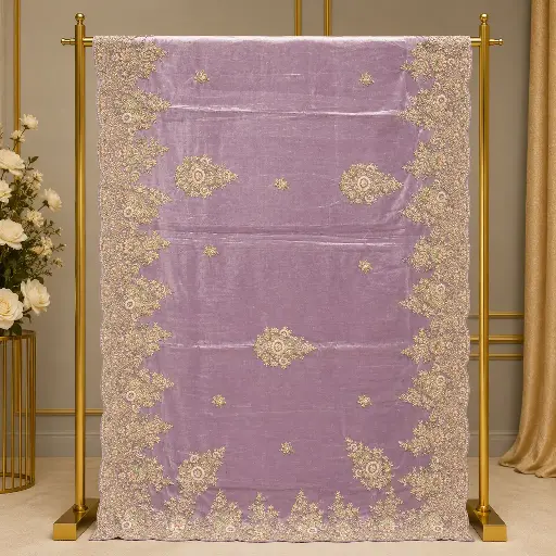 [94313001EE48E3] Elegant Mauve Embroidered Saree with Scalloped Floral Border
