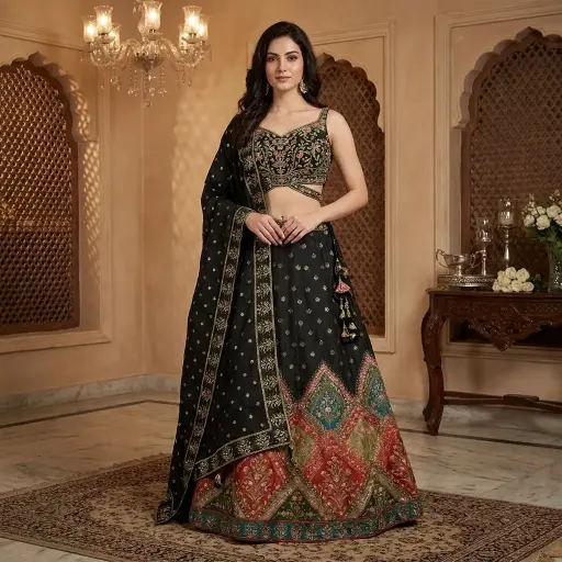 [92418001IP53E1] Black Handcrafted Silk Lehenga Choli with Multi-Hue Floral Daman