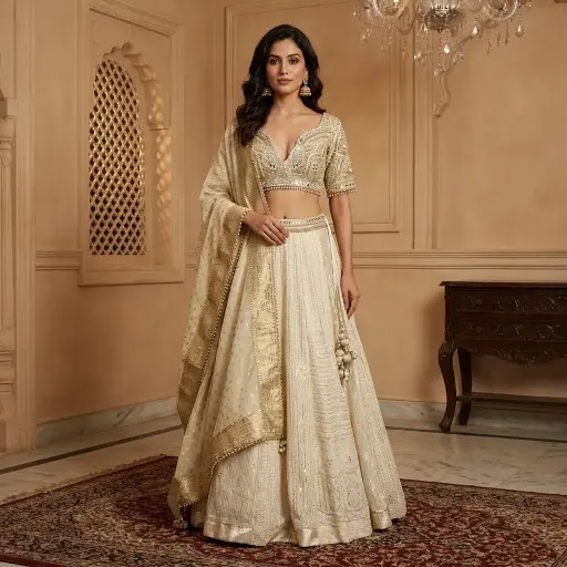 [92418002FW22E1] Ivory Embellished Mirror and Cutdana Lehenga Choli Set 