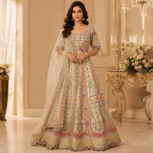 [92418003PO71E1] Women's Beige Multicolor Embroidered Lehenga Choli with Net Dupatta for Wedding & Festive Party Wear