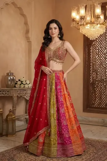[92418003RY81E1] Multi-Color Bandhej Kalidar Lehenga Set with Red Embroidered Blouse