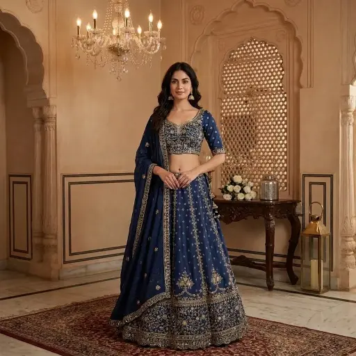 [92442002UQ03E2] Royal Navy Blue Embroidered Silk Lehenga Choli Set