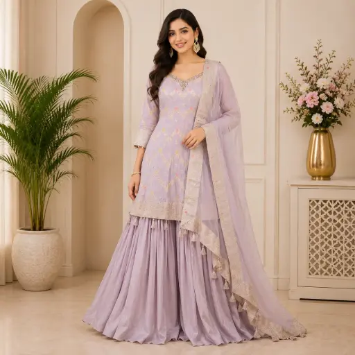 [92425002QP72E1] Women's Lavender Embroidered Sharara Set with Dupatta