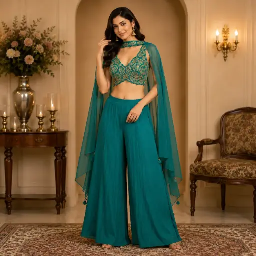 [92425003OJ85E2] Designer Teal Palazzo Set for Women with Embroidered Crop Top