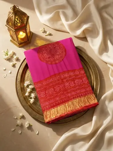[88111001GQ38D1] Rani Pink and Red Pure Gaji Silk Rai Bandhej Saree