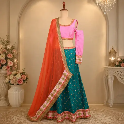 [04118001SH4638] Women's Teal Green Lehenga Choli with Pink Cold Shoulder Blouse and Orange Net Dupatta for Weddings