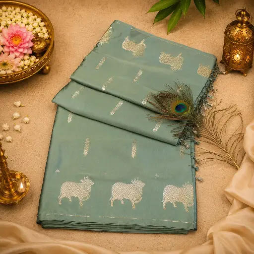 [80009001FO85E0] Sage Green Silk Saree with Silver Bull Motifs, Tassel Edge & Woven Border