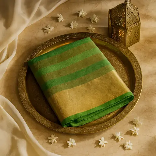[80009001FO89E0] Elegant Green Striped Silk Saree with Rich Zari Border