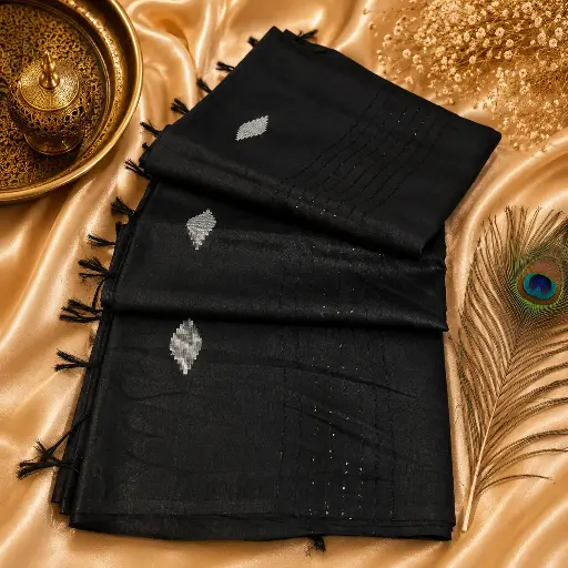 [91517001FN88E0] Elegant Black Cotton Silk Saree with Silver Buta Motifs & Tassel Border