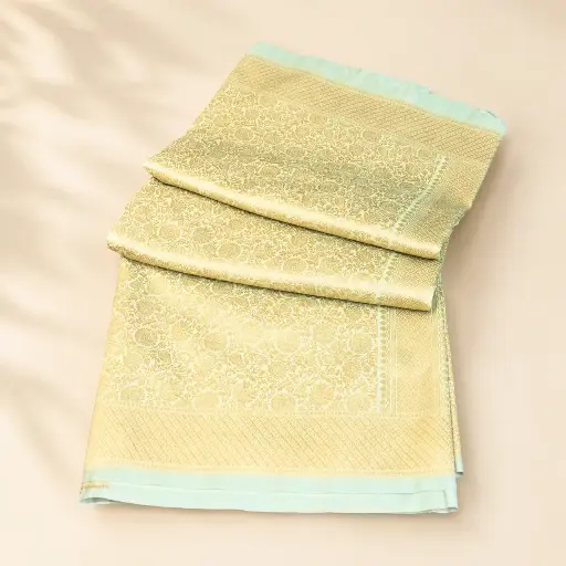 [74409011HH85B7] Mint Cream Gold Banarasi Style Saree with Floral Zari Weave