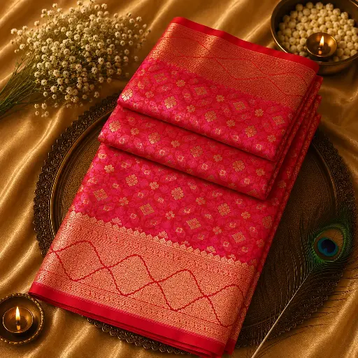 [74409011HH89B7] Hot Pink Banarasi Silk Saree with Gold Zari Floral Weaving & Rich Border