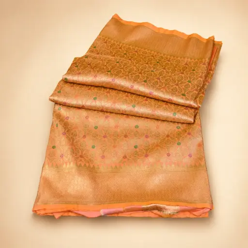 [74409011HI00B7] Orange Gold Banarasi Style Saree with Floral Zari Weave Festive Wedding Party Wear Women Ethnic Look 