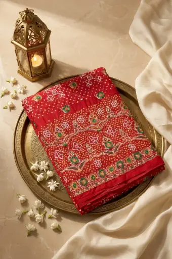 [29912001NL9462] Red Bandhani Silk Saree with Embroidered Floral Border