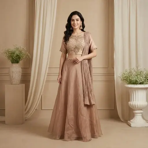 [09425001KQ8696] Dusty Rose Silk Crop Top and Flared Skirt Set