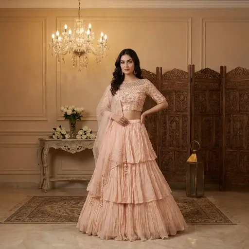 [09425001KQ8796] Peach Tiered Georgette Lehenga Set with Cutdana Embroidered Choli