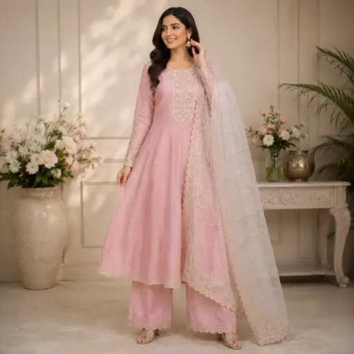 [09425074RQ17D7] Women's Baby Pink Embroidered Anarkali Kurta Pant Set with Heavy Sequin Work & Organza Dupatta