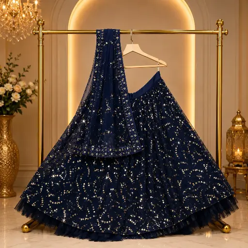 [62718001XT6674] Women's Navy Blue Sequin Embellished Lehenga Choli with Matching Dupatta