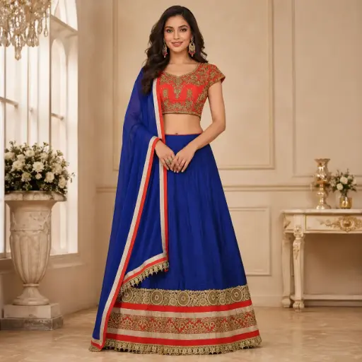 [26418001VY7731] Women's Royal Blue Lehenga Choli with Red Gold Blouse and Net Dupatta for Wedding Festive Party Wear