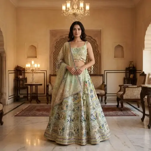 [31342001EK84E6] Mint Green Embroidered Silk Lehenga Choli with Pichwai Art
