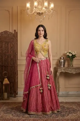 [31342001GZ49D4] Rani Pink and Mustard Yellow Embroidered Silk Lehenga Set 
