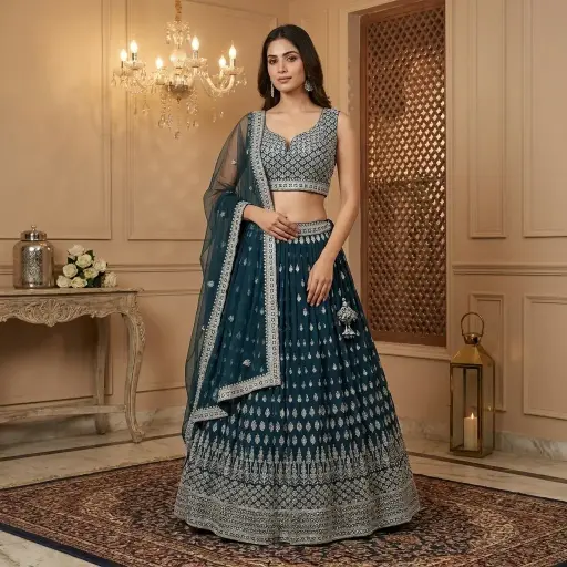 [31342001HP39C0] Teal Blue Embroidered Georgette Lehenga Choli Set with Dupatta
