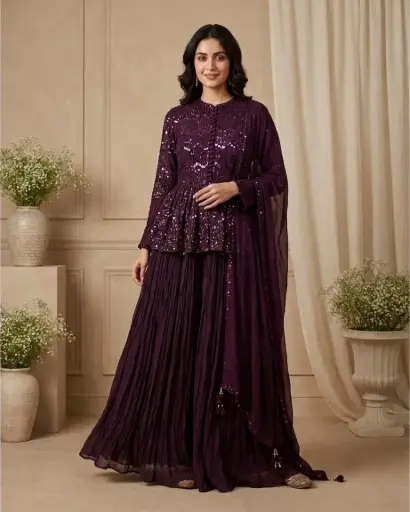 [31342001HP44C0] Deep Wine Sequin Embroidered Peplum Top with Flared Skirt Set