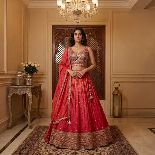 [31342002FY69E2] Dual-Tone Pink Tissue Lehenga Choli with Embroidered Cutout Blouse