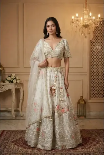 [31342002GI59C9] Ivory Floral Silk Lehenga Choli with Pastel Stone Embroidery