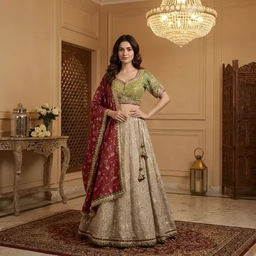 [31342003FF80D7] Embroidered Silk Choli and Sequined Champagne Lehenga Set