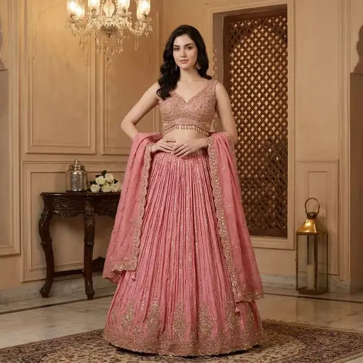 [31342005EG58E6] Rose Pink Crushed Silk Embroidered Lehenga Choli Set 