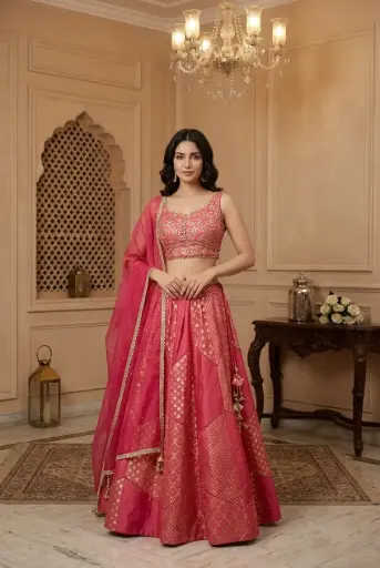 [31342013FF98D7] Rani Pink Embroidered Silk Lehenga Choli Set