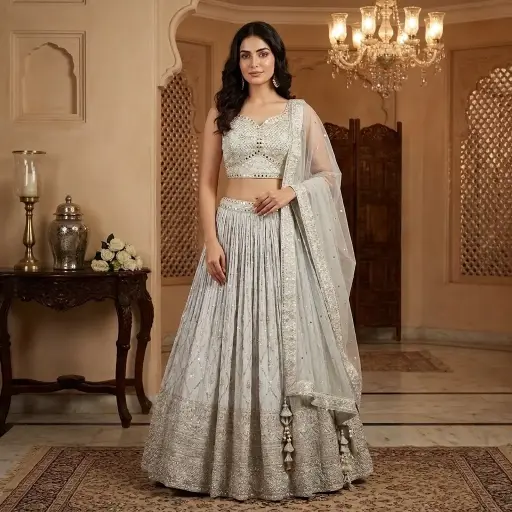 [31342072HP47D7] Ivory Silver Georgette Sequin Embroidered Flared Lehenga Set