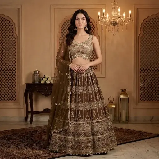 [31342079QO47C4] Coffee Brown Mirror Embroidered Silk Lehenga Choli Set