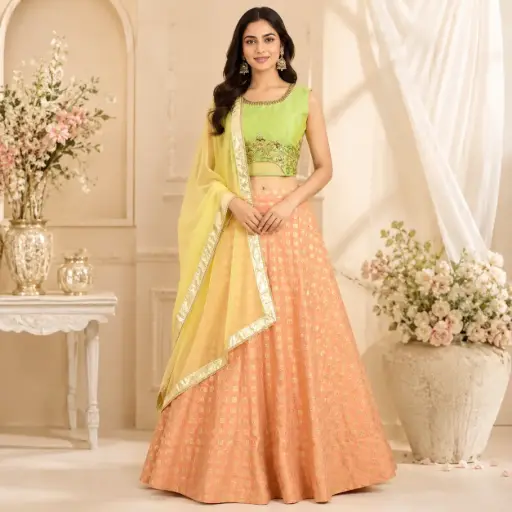 [31325003QP9449] Women's Peach Gold Lehenga Choli with Lime Green Blouse and Yellow Dupatta for Wedding Festive Wear