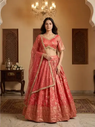 [95842001IU38E7] Coral Pink Banarasi Silk Brocade Lehenga Choli Set