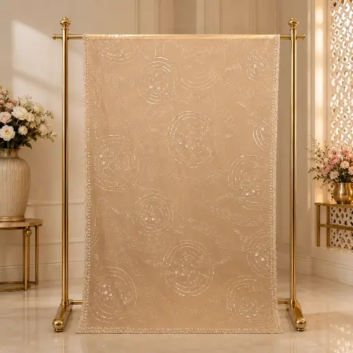 [67717018JP90A4] Elegant Peach Net Saree with Circular Sequin Embroidery and Scalloped Border