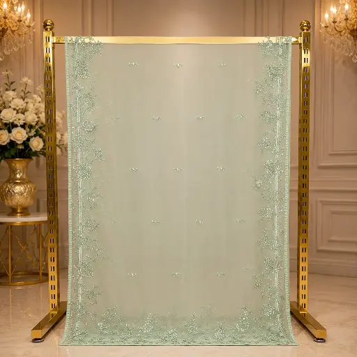 [67717032JQ12A4] Pastel Sage Green Embellished Saree with Delicate Sequins and Elegant Border