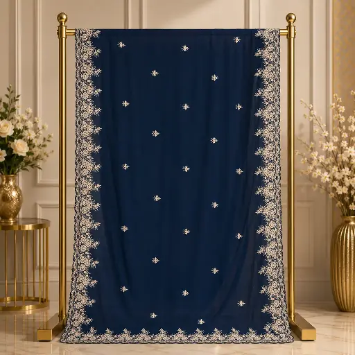 [67713001FN62E0] Navy Blue Saree with Floral Embroidery and Scalloped Border