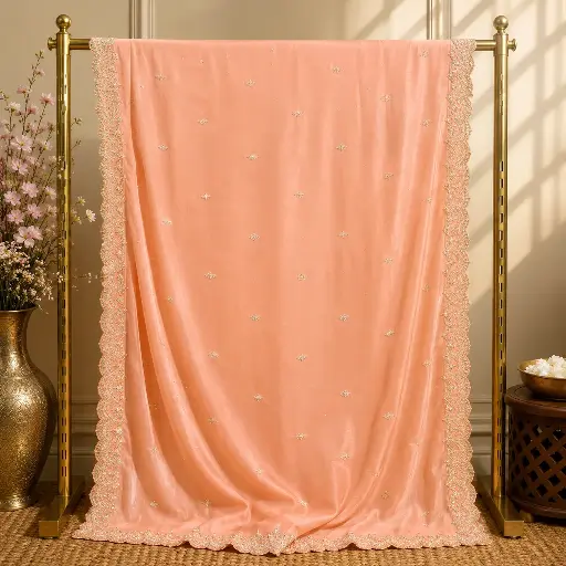 [67713001HF13B7] Peach Pink Embellished Saree with Scalloped Lace Border