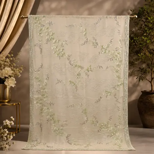 [67717032JQ08A4] Ivory Sheer Saree with Mint Floral Embroidery and Silver Sequin Stripe for Women
