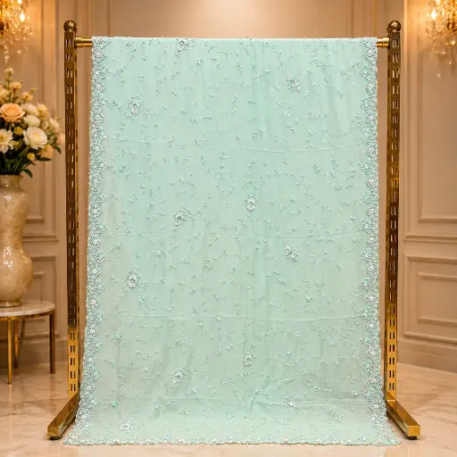 [67713001HE90B7] Mint Green Embellished Saree with Floral Sequin Work and Elegant Border
