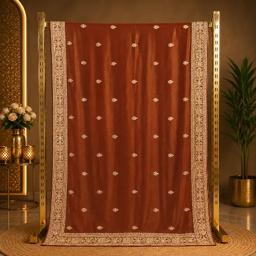[67713001HF12B7] Women's Rust Brown Designer Saree with Gold Embroidered Border