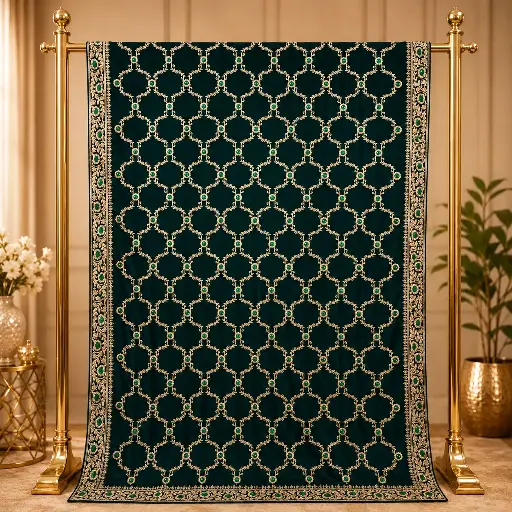 [67717047JQ00A4] Women's Dark Green Designer Saree with Geometric Embroidery Border