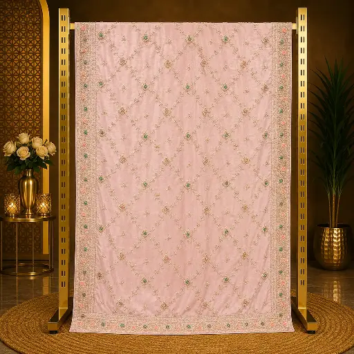 [67713001HE70B7] Women's Blush Pink Designer Saree with Embroidered Trellis, Pastel Stonework and Rich Border