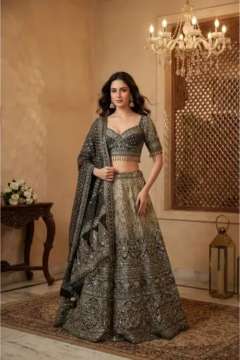 [95518040EN40E7] Black Hand-Embroidered Raw Silk Lehenga Choli Set