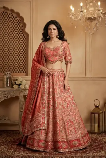 [95518046EN44E7] Coral Red Embellished Printed Silk Bridal Lehenga Choli Set