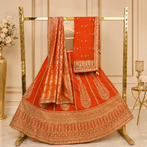 [02018001EC04E3] Women's Orange Embroidered Lehenga Choli with Matching Dupatta