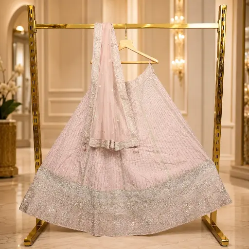 [02018001FA38D4] Women's Blush Pink Bridal Lehenga Choli with Silver Embroidery and Matching Net Dupatta