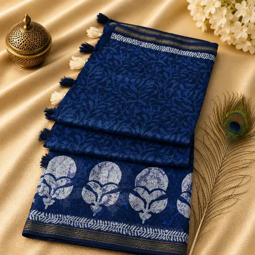 [02017001FI37D7] Navy Blue Printed Cotton Silk Saree with Tassels