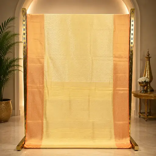[92209001FR11E1] Elegant Ivory Woven Saree with Peach Gold Border and Ornate Pallu